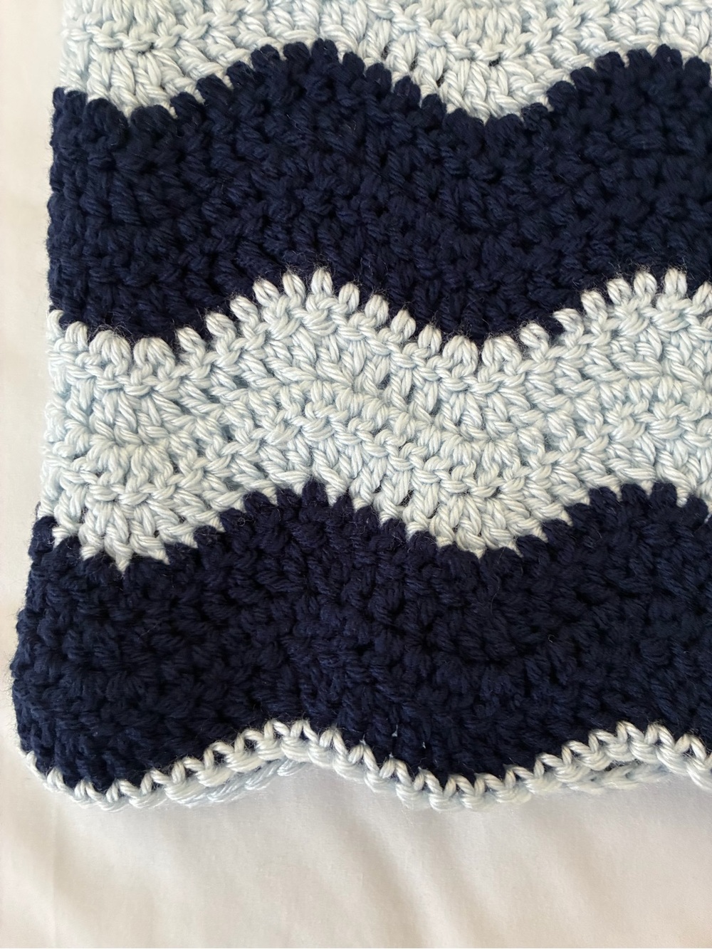 Handmade Crochet Ripple Baby Blanket – Navy and Gray Chevron Afghan 35" x 30" - Picture 2 of 5